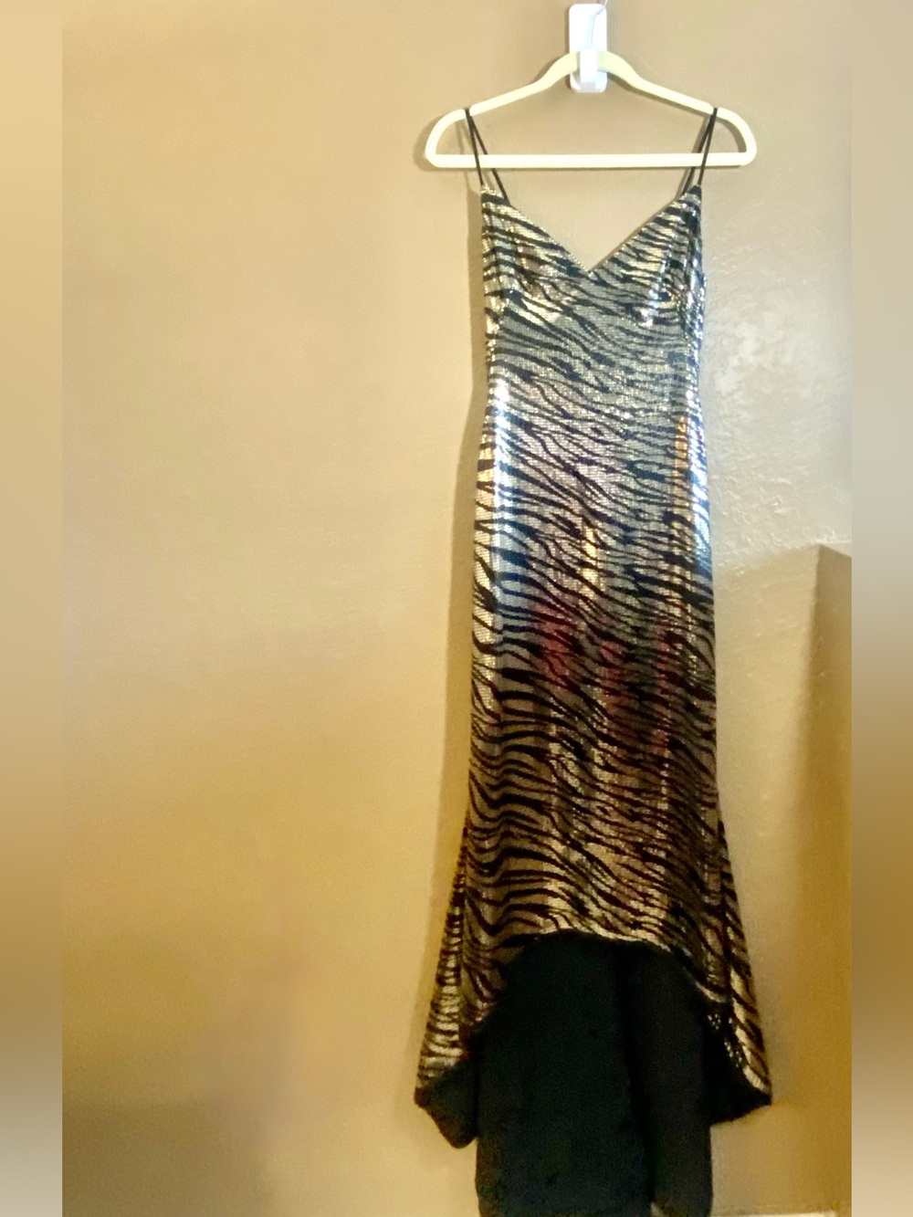 Black Halo Sequined Metallic Zebra-Print High-Low Slip Dress in Gold and Black